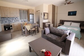 Studio, Sea View | Living area | 32-inch flat-screen TV with digital channels, TV, fireplace