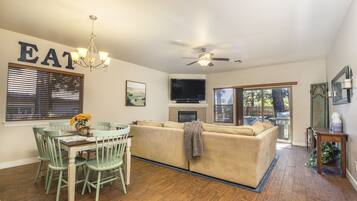 Smart TV, fireplace, DVD player, stereo