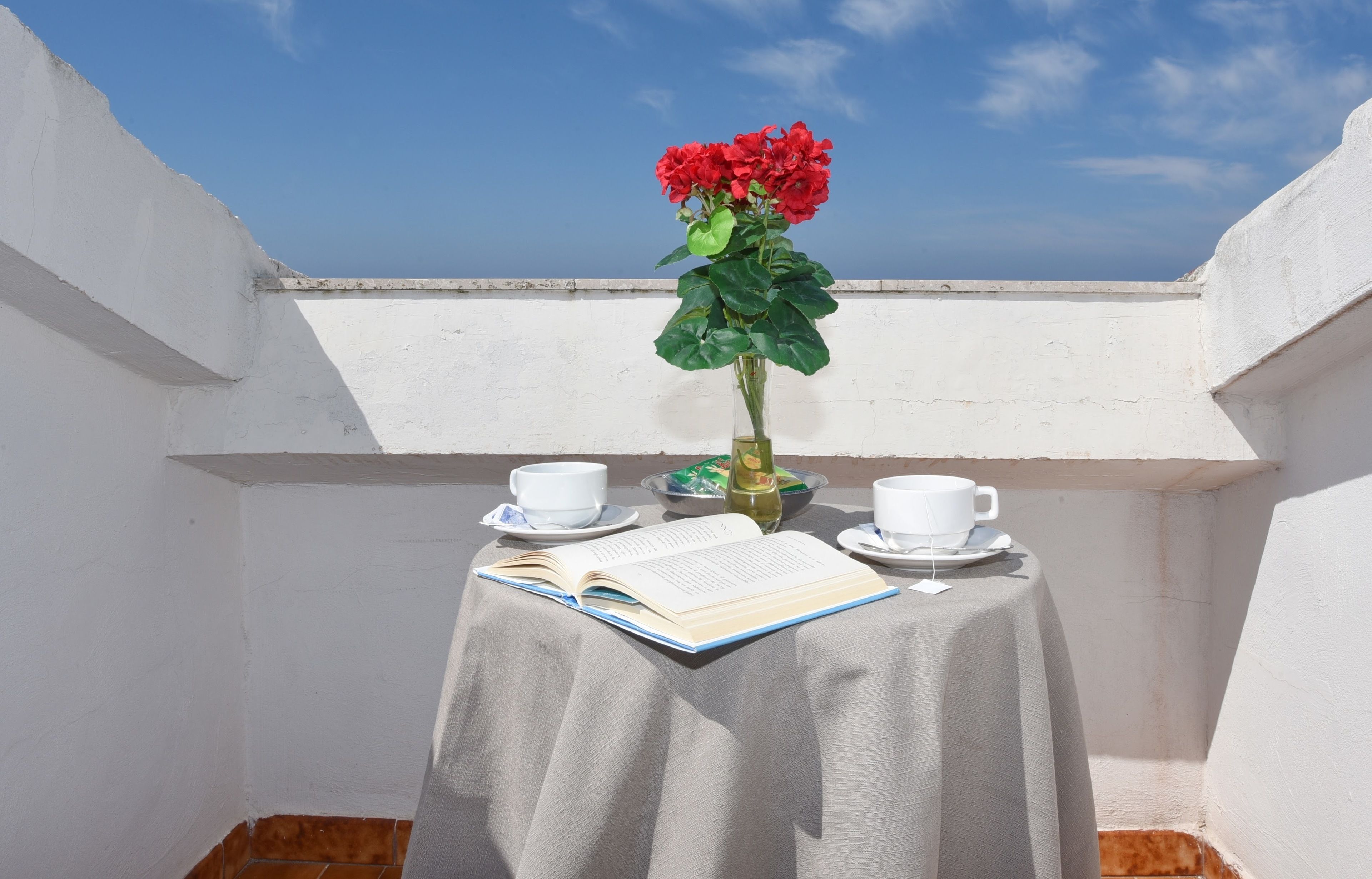 Ein kleiner Tisch mit einem Buch, zwei Tassen und einer Vase mit roten Blumen auf einem Balkon mit weißen Wänden und blauem Himmel.