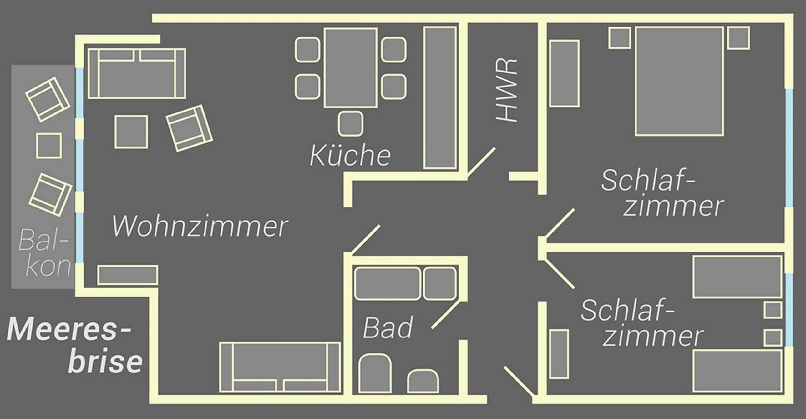 Planta de um hotel que inclui sala de estar, cozinha, dois quartos, banheiro e varanda.