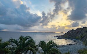 A coastal landscape with a rocky shoreline, palm trees, and a view of the sea under a cloudy sky. - Sunset Beach: Beachfront Villa! Pool! Hot Tub! (St. John)