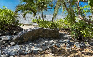 A rocky beach area with a stone wall and lush greenery. - Sunset Beach: Beachfront Villa! Pool! Hot Tub! (St. John)