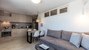 Studio, Sea View (Orkos) | Private kitchen | Full-size fridge, microwave, stovetop, espresso maker