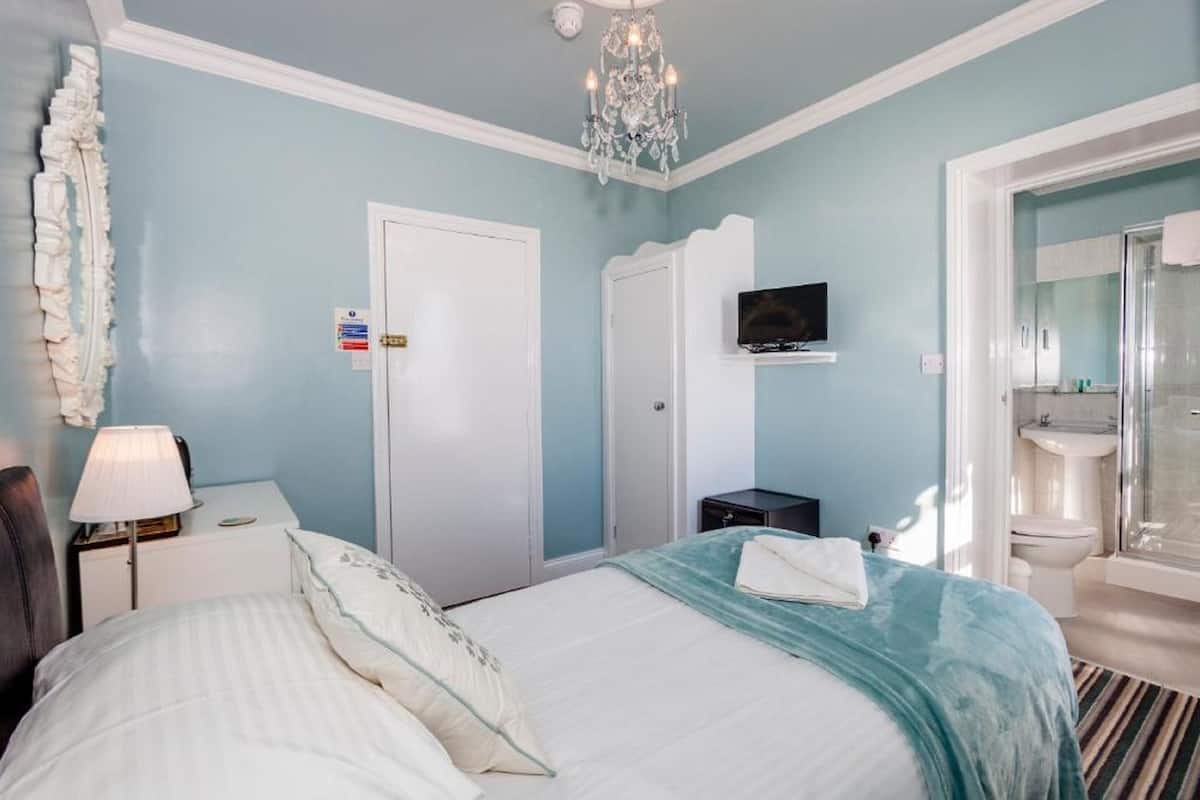 Habitación de hotel con cama, televisor, baño con ducha y candelabro.