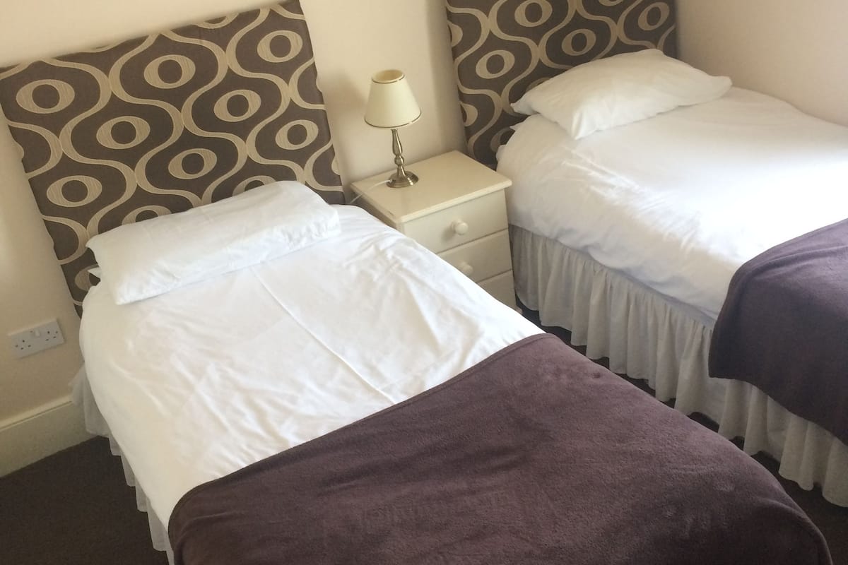 Una habitación de hotel con dos camas individuales, cada una con un cabecero estampado, una mesita de noche con lámpara y una manta marrón sobre una de las camas.