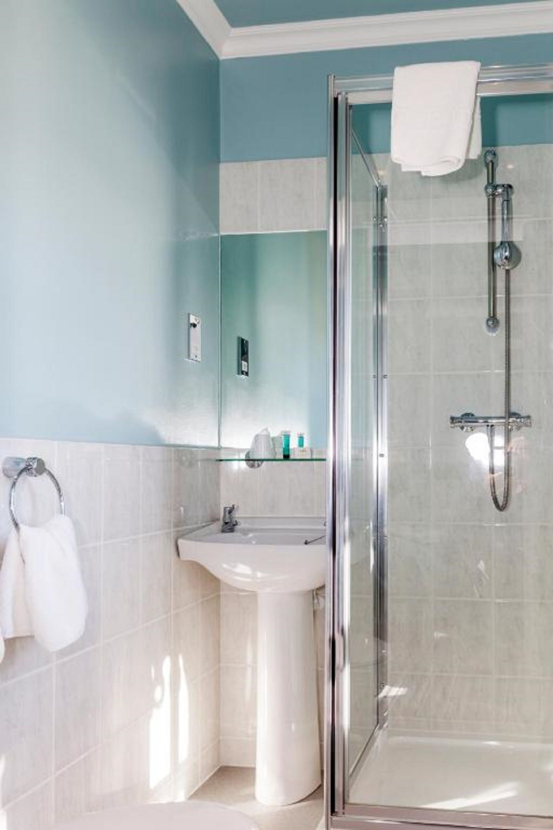 hair dryer, towels, toilet paper