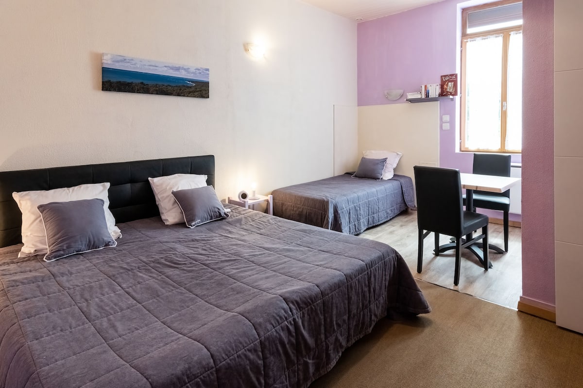 Une chambre avec deux lits, un bureau et une chaise.