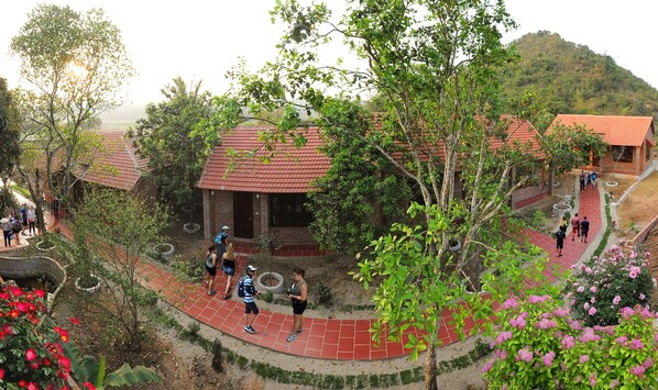 A courtyard with brick buildings, a paved walkway, and lush greenery.