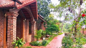 Un edificio de ladrillo con techo de tejas, un sendero empedrado y varios maceteros con plantas.