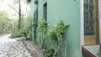 Uma trilha de pedra leva a um edifício verde com uma janela adornada por grades de ferro.