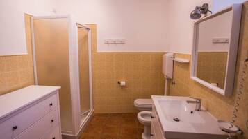 A bathroom with a white vanity, a sink, a toilet, and a shower area.