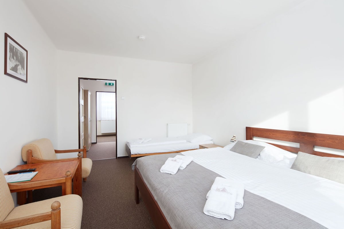 Quarto de hotel com uma cama grande, uma cama menor, uma escrivaninha e uma cadeira. Há um quadro na parede e uma porta que dá para outro quarto.
