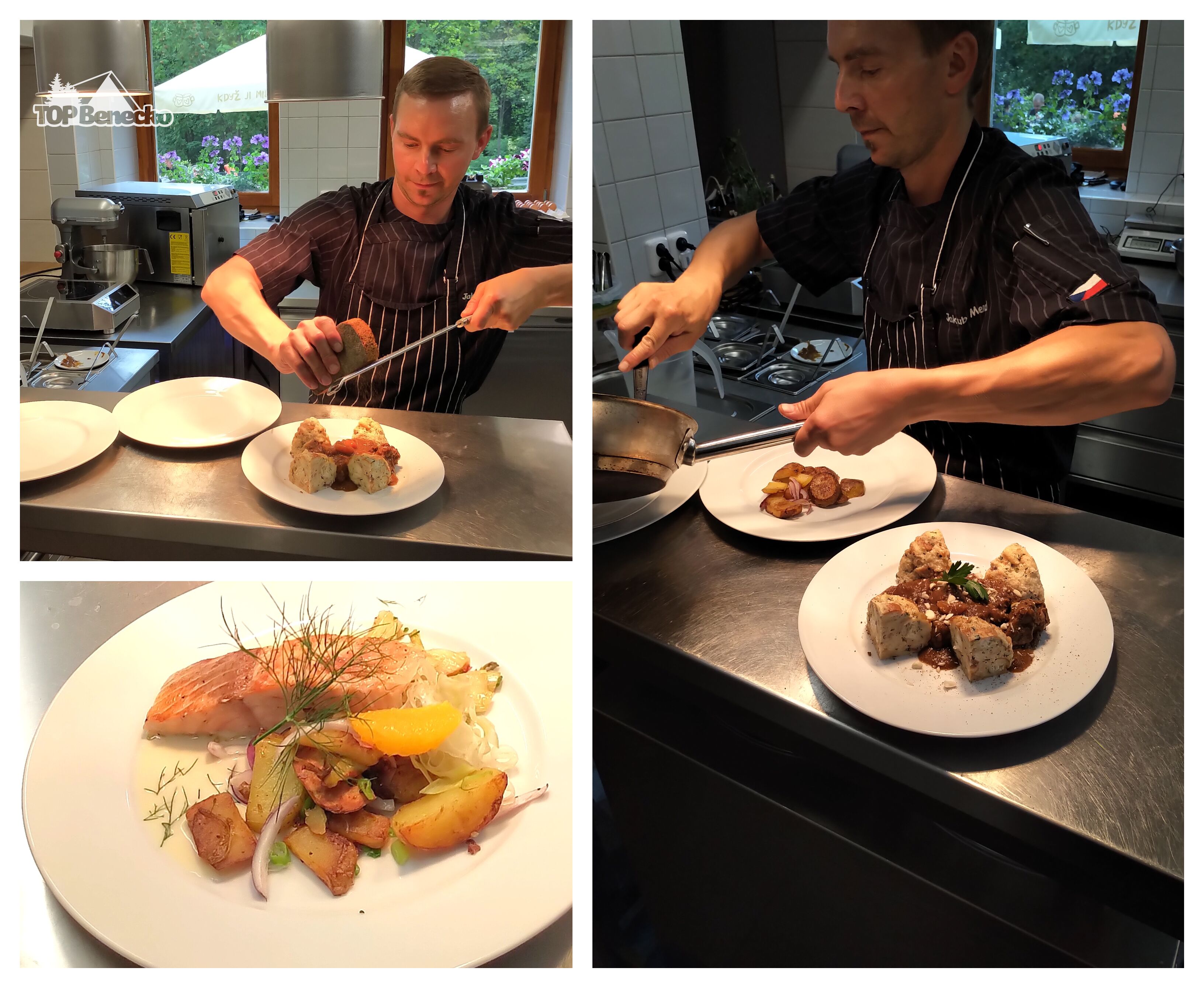 A chef preparing dishes in a kitchen with stainless steel countertops and a view of a garden through a window.