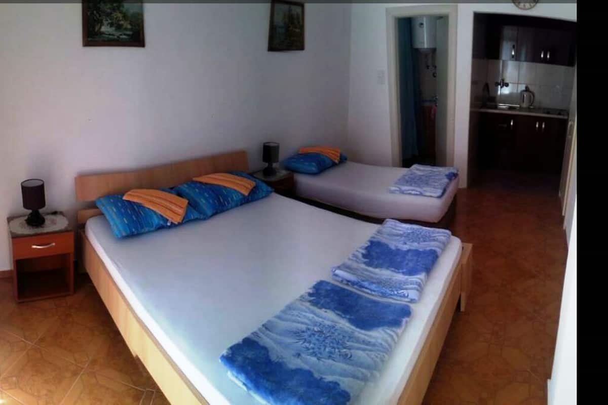 Monolocale Economy, 1 letto matrimoniale con divano letto, vista giardino, lato giardino | Una scrivania, ferro/asse da stiro, Wi-Fi gratuito