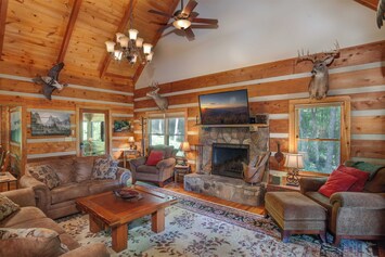 Living Room with HDTV and Stone Wood-burning Fireplace