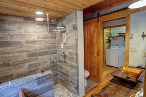Shower, towels - Creek-front Cabin on Wooded Acres (Sugar Grove)