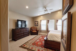 3 bedrooms, memory foam beds, iron/ironing board, travel crib