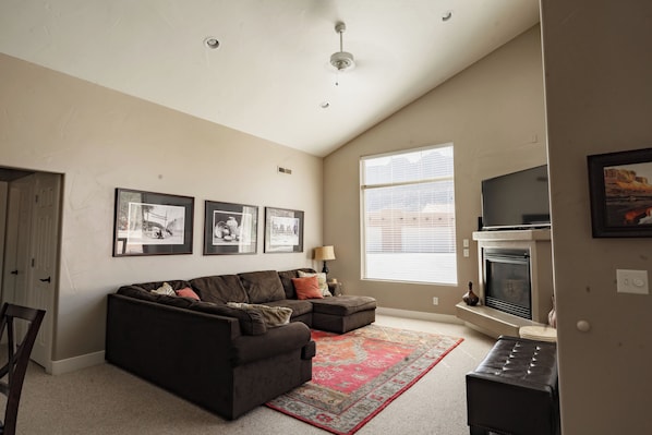 Smart TV, fireplace, DVD player, foosball