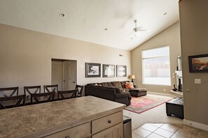 Smart TV, fireplace, DVD player, foosball