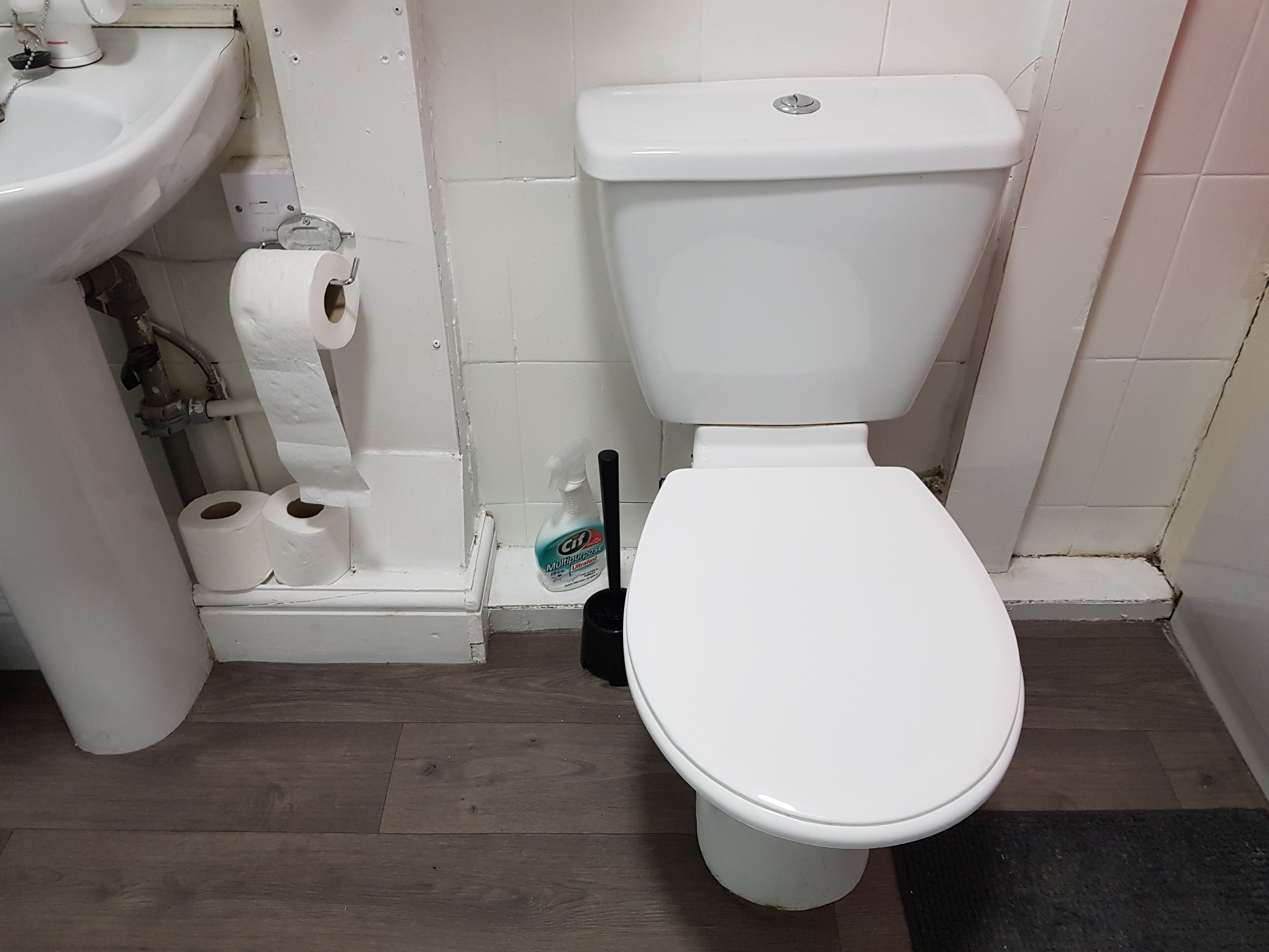 A bathroom with a toilet, a sink, and a toilet paper holder.