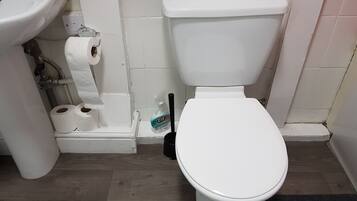 A bathroom with a toilet, a sink, and a toilet paper holder.