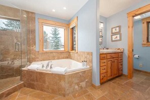 Combined shower/tub, hair dryer, towels