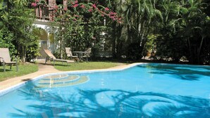 A clear blue swimming pool with a tiled edge, surrounded by palm trees and chairs. - Tranquility Chill at Palm Cove (Palm Cove)