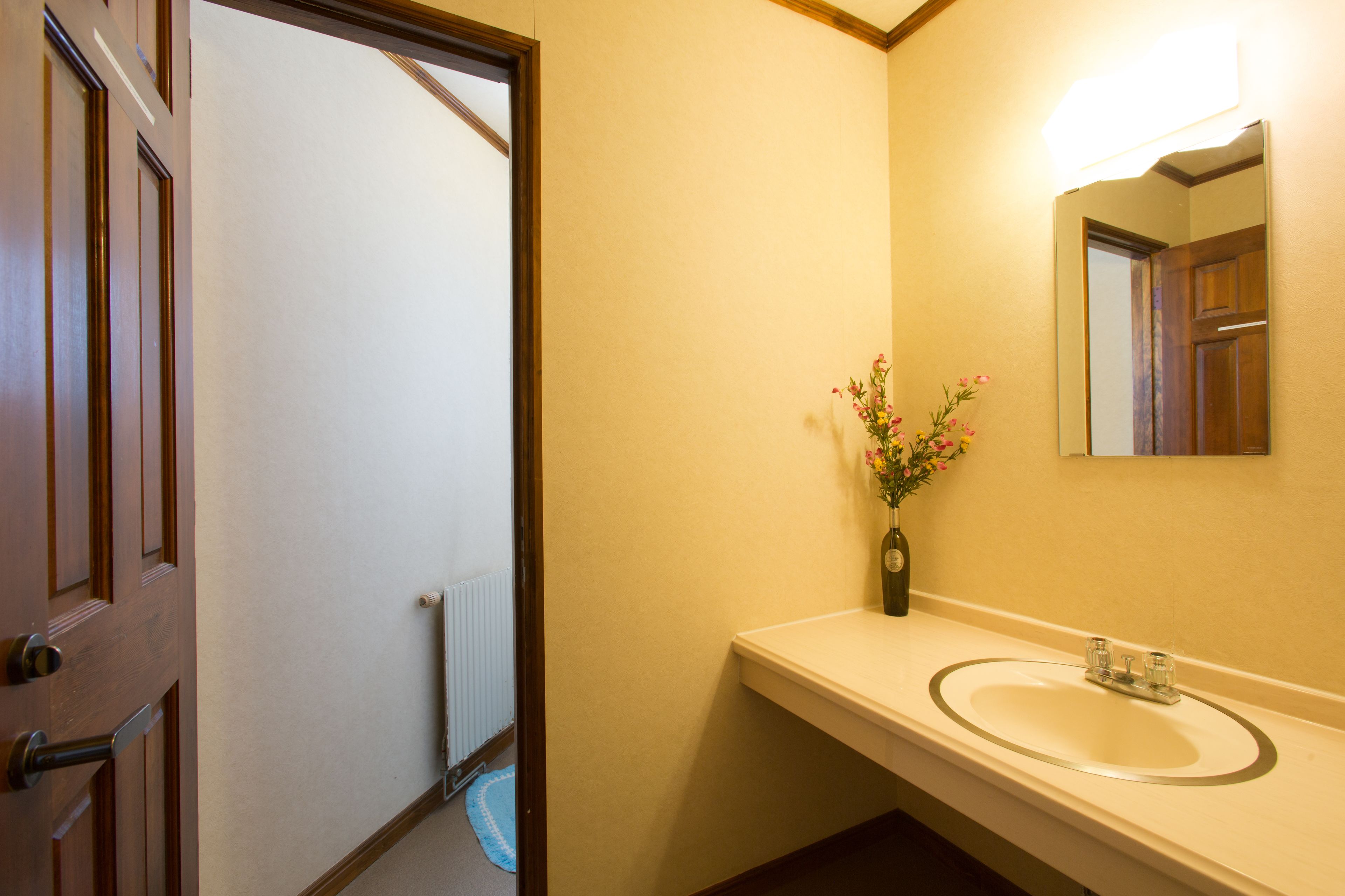 Une salle de bain avec une porte en bois, un lavabo blanc, un miroir et un vase rempli de fleurs.