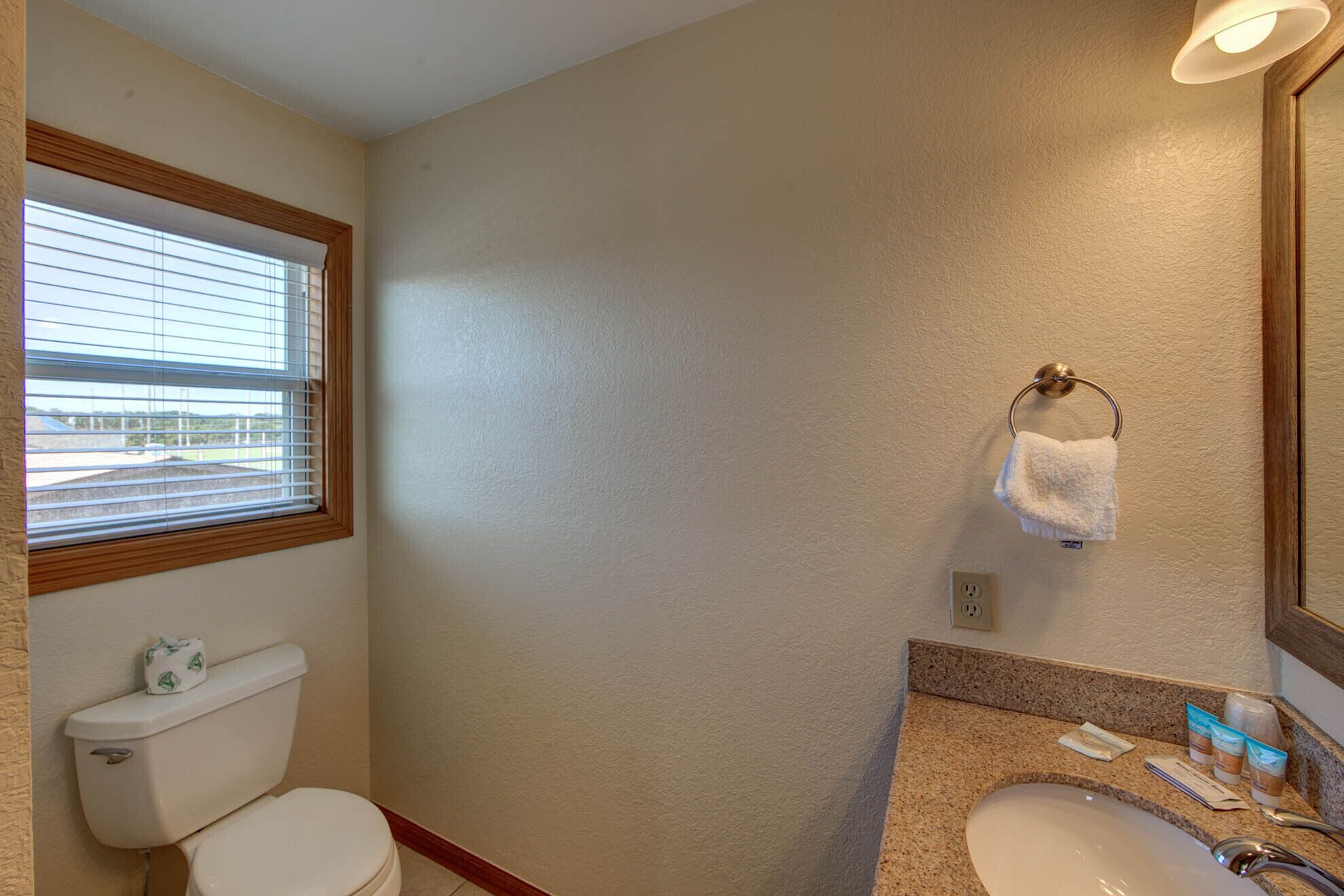 A bathroom with a toilet, sink, and window.