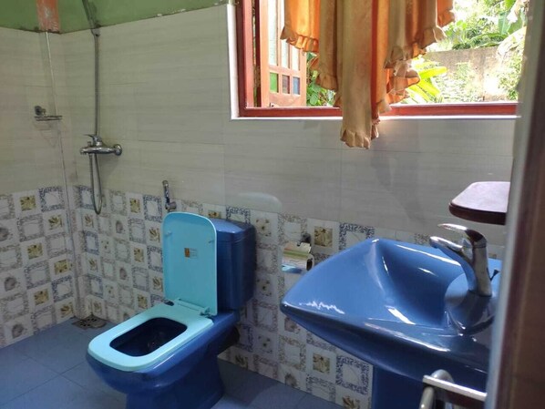 A bathroom with a toilet, sink, and shower. - Utopia villa (Hikkaduwa)