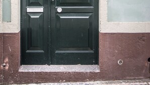 Eine doppelte Tür mit rechteckiger Form und einem kleinen Briefkasten darunter.