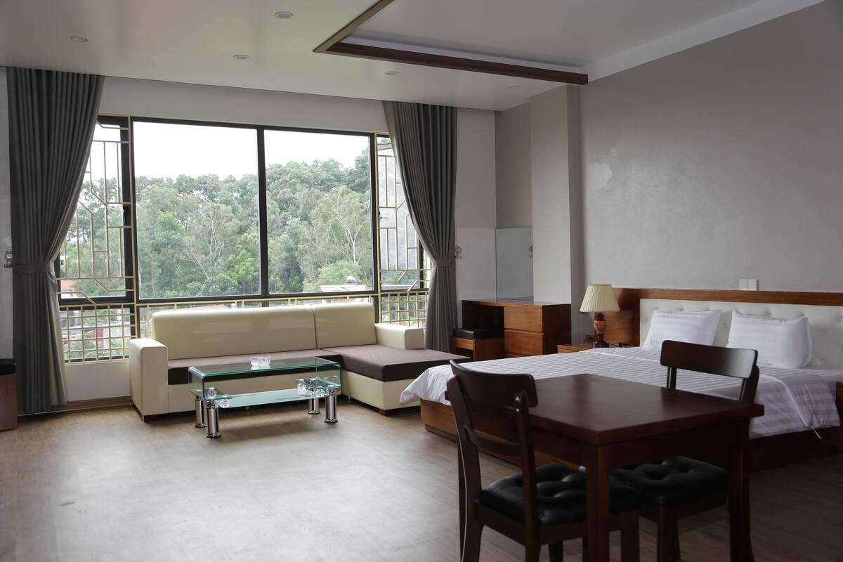 A hotel room with a bed, a desk, a sofa, and a large window offering a view of trees.