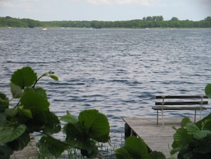 A wooden dock extending into a calm lake with a bench on it.