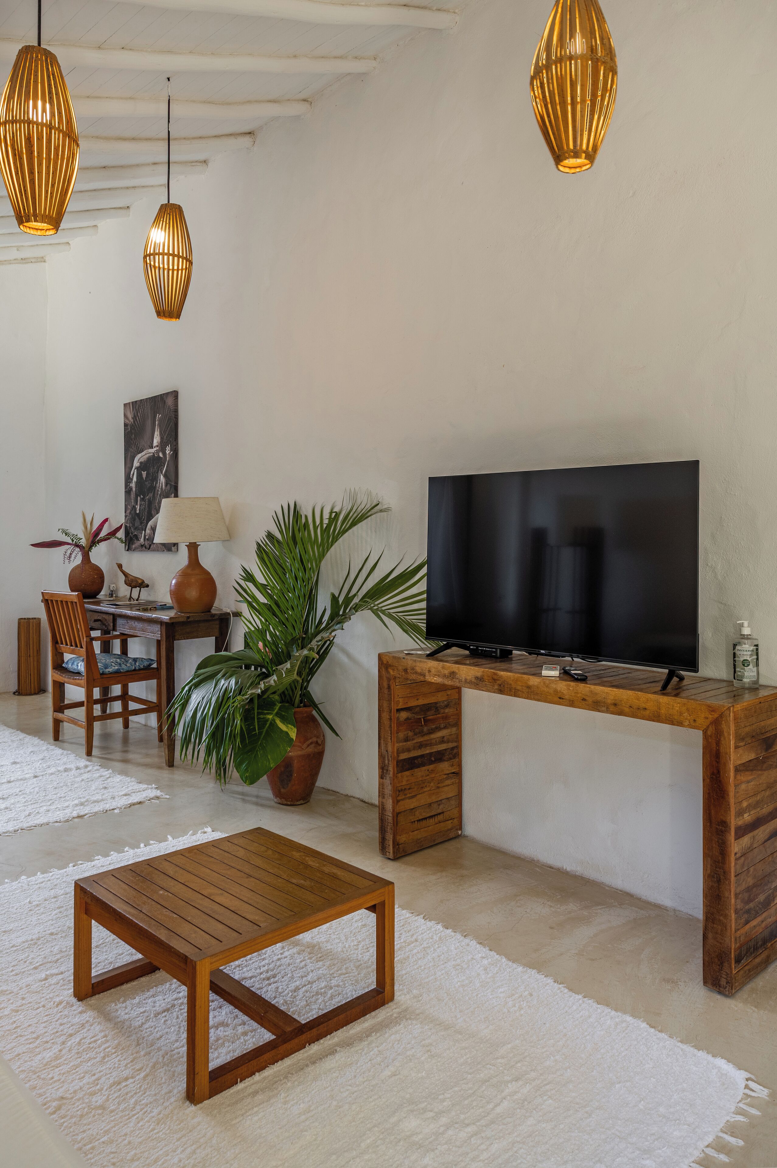 Una sala de estar con una mesa de centro de madera, un televisor sobre un mueble de madera, una planta en maceta y dos lámparas colgantes.