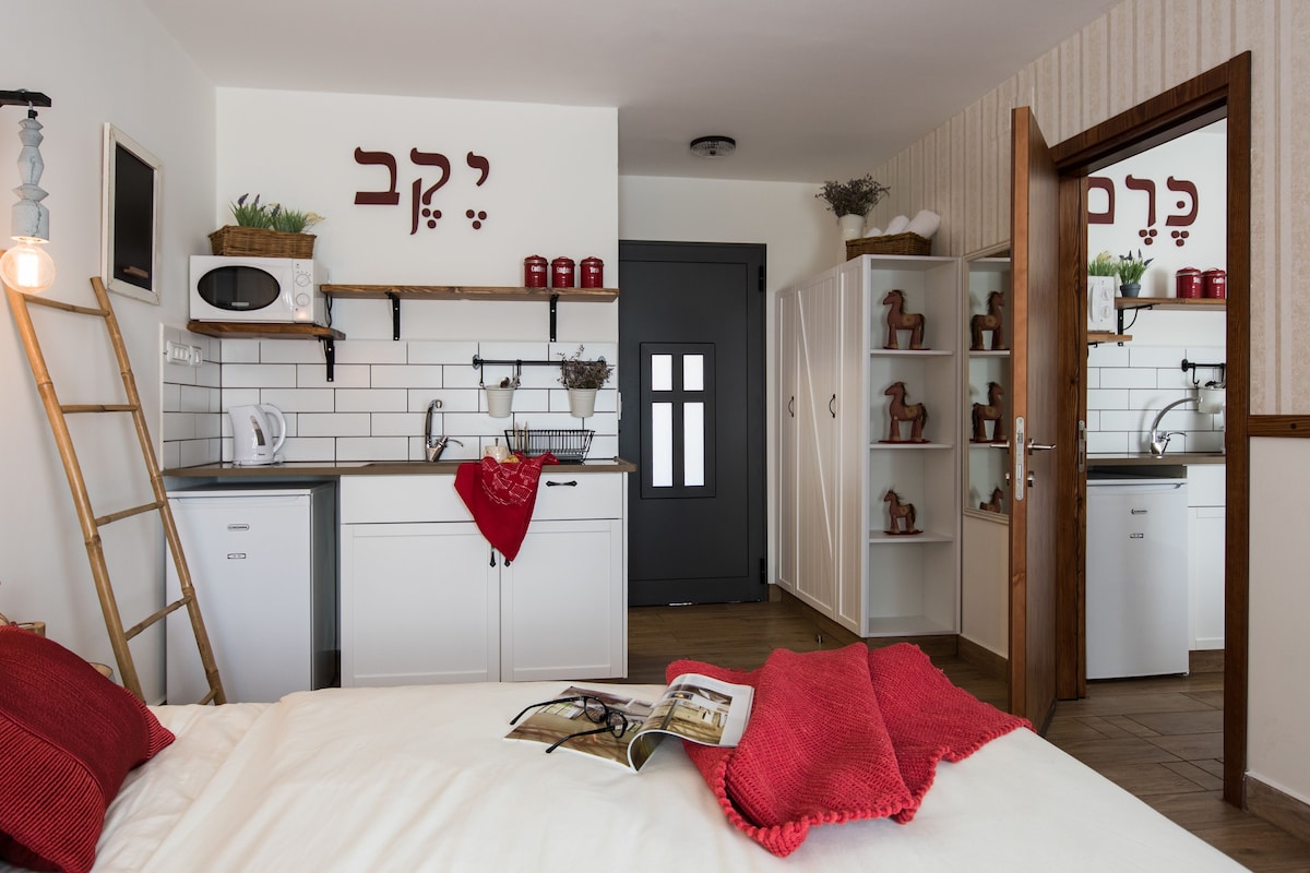 Quarto compacto com cama, mesa de cabeceira e uma pequena cozinha compacta.