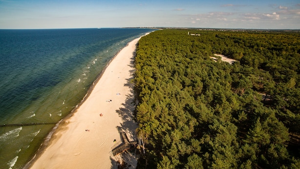 An aerial view of a beach with a sandy shore and dense forest on one side. - Pelikan Resort (Kolobrzeg)