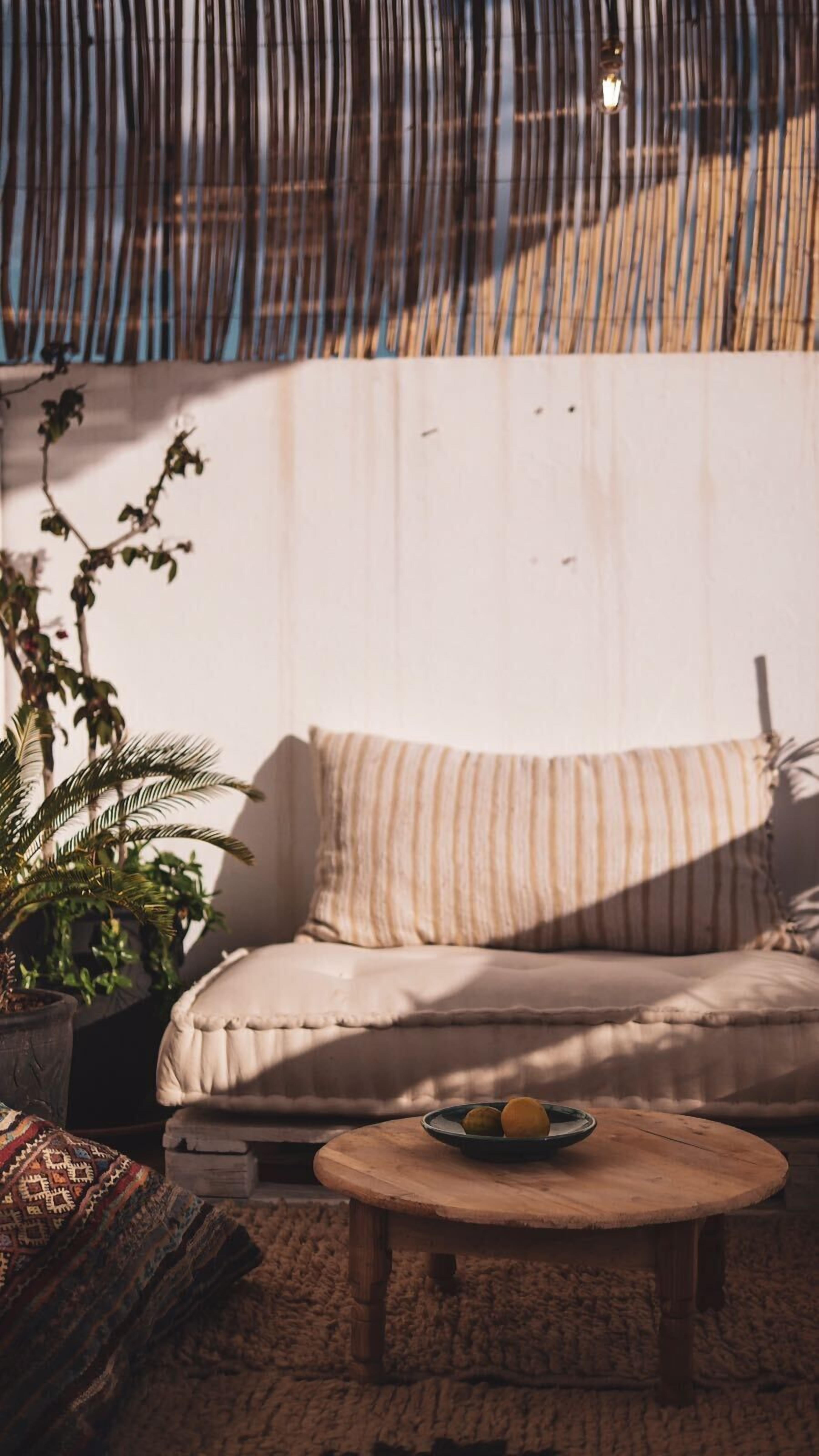 A cozy seating area with a cushioned sofa, a round wooden table with a bowl of fruit, and a potted plant.
