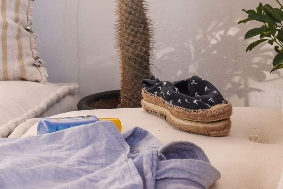 A cozy room with a bed, a cactus, and a pair of shoes on the bed.