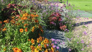 A garden with a patio area featuring a table and chairs under a large umbrella.