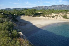 A coastal landscape with a beach, greenery, and mountains in the background.