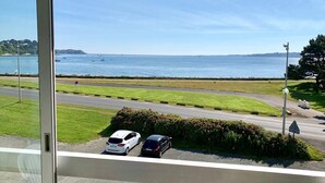 Une vue depuis une fenêtre donnant sur une route où sont garées deux voitures, un espace verdoyant et une étendue d’eau où l’on aperçoit des bateaux au loin.