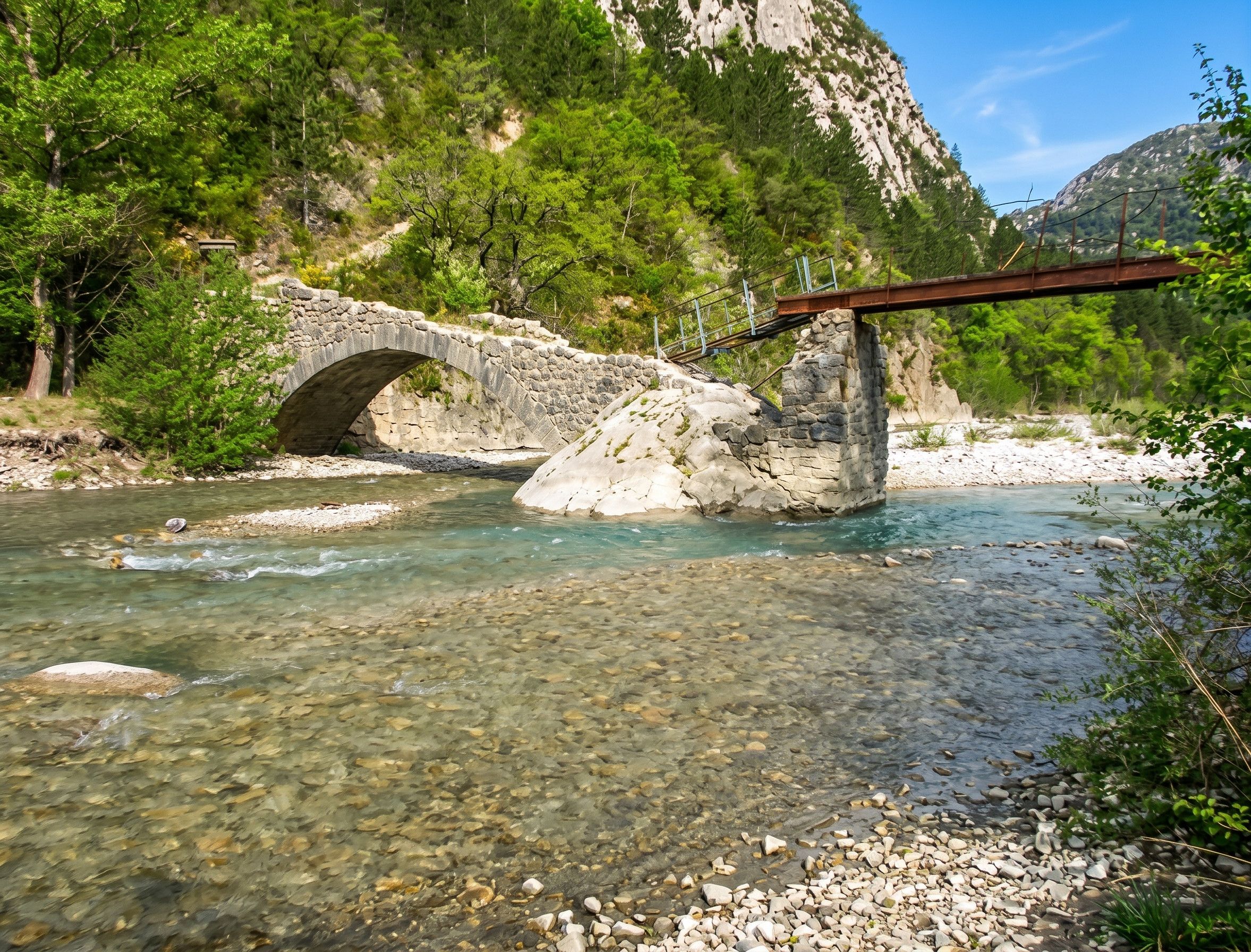 Un pont de pierre enjambe une rivière aux eaux claires, bordée de rochers, avec une chaîne de montagnes en arrière-plan.