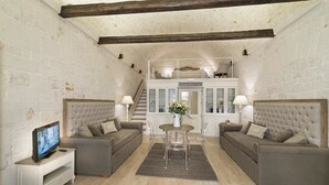 A cozy living room with two grey sofas, a small table with a vase, and a television on a side table. - B&B C'era una volta (Alberobello)