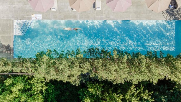 An aerial view of a swimming pool with clear blue water, surrounded by palm trees and umbrellas. - Novotel Brisbane South Bank Hotel (South Brisbane)