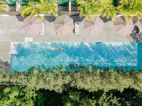 An aerial view of a swimming pool with clear blue water, surrounded by palm trees and umbrellas.