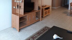 Un salon comprenant un meuble de rangement en bois pour l’équipement audiovisuel, un téléviseur et une table basse.