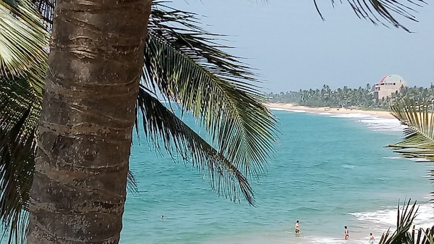A beach with clear turquoise water, palm trees, and a distant building. - Githmini Beach Guest House & Toures (Hikkaduwa)
