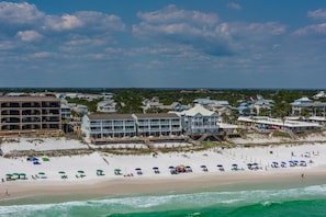 On the beach, sun-loungers, beach towels
