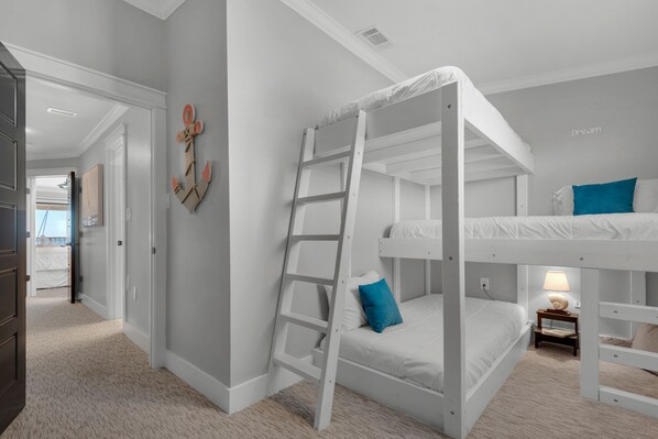 4 bedrooms, memory foam beds, desk, iron/ironing board