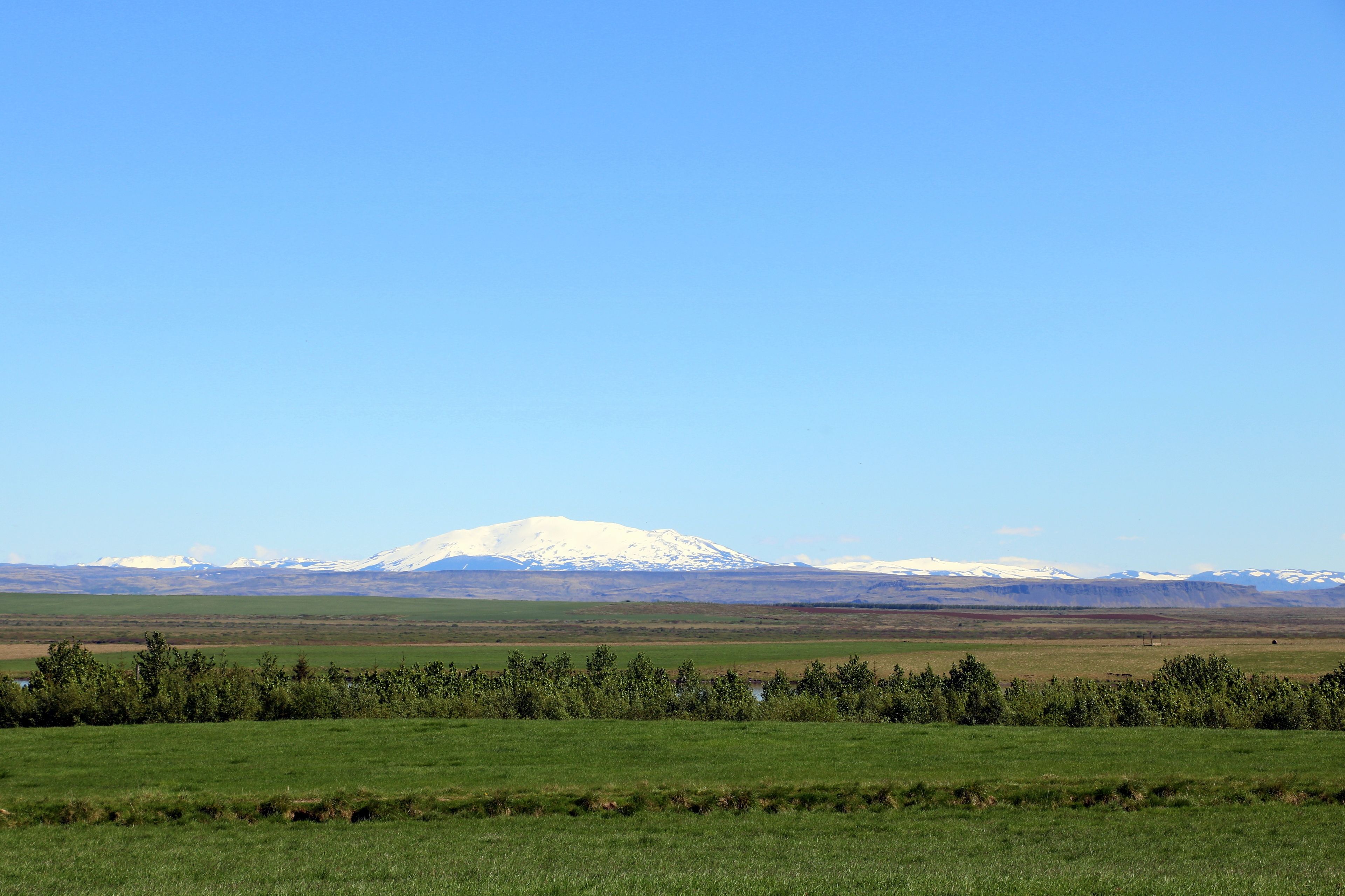 Ein weites Feld mit einem fernen, schneebedeckten Berg unter blauem Himmel.